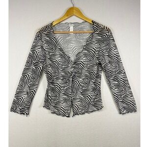 Y2K Grunge XOXO Women Large Black White Zebra Print Ruched Mesh Lettuce Trim Top